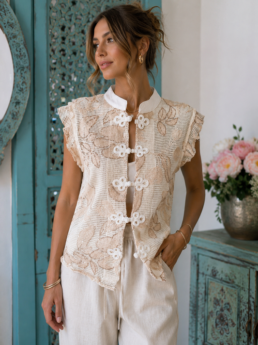 Embroidered Floral Mesh Mandarin Collar Vest