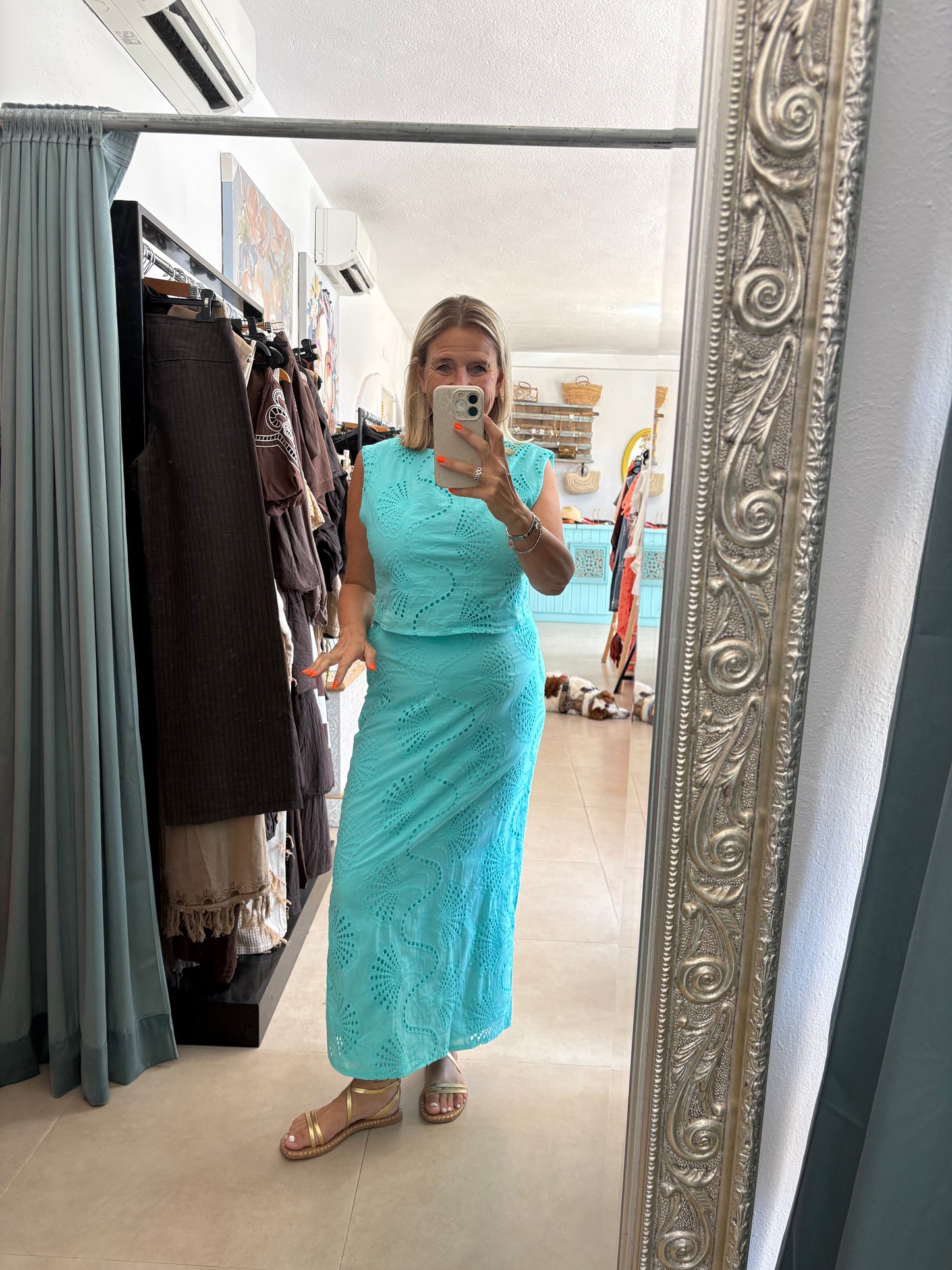 Aqua Broderie Anglaise Co-ord Set – Cropped Top & Slit Maxi Skirt