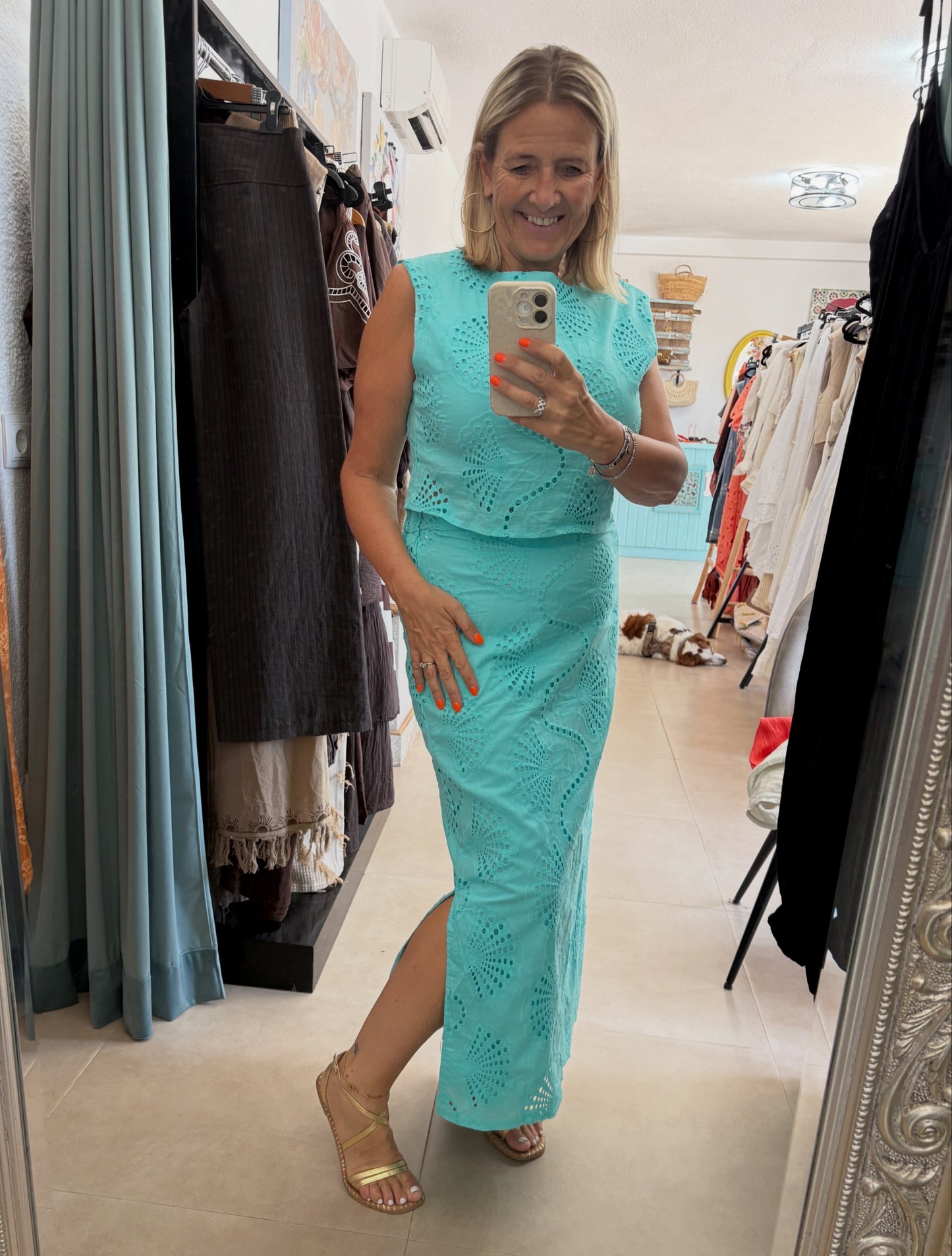 Aqua Broderie Anglaise Co-ord Set – Cropped Top & Slit Maxi Skirt
