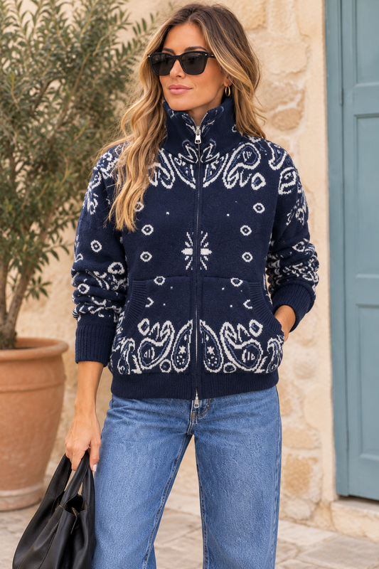 Bandana Print Knit Zip Jacket